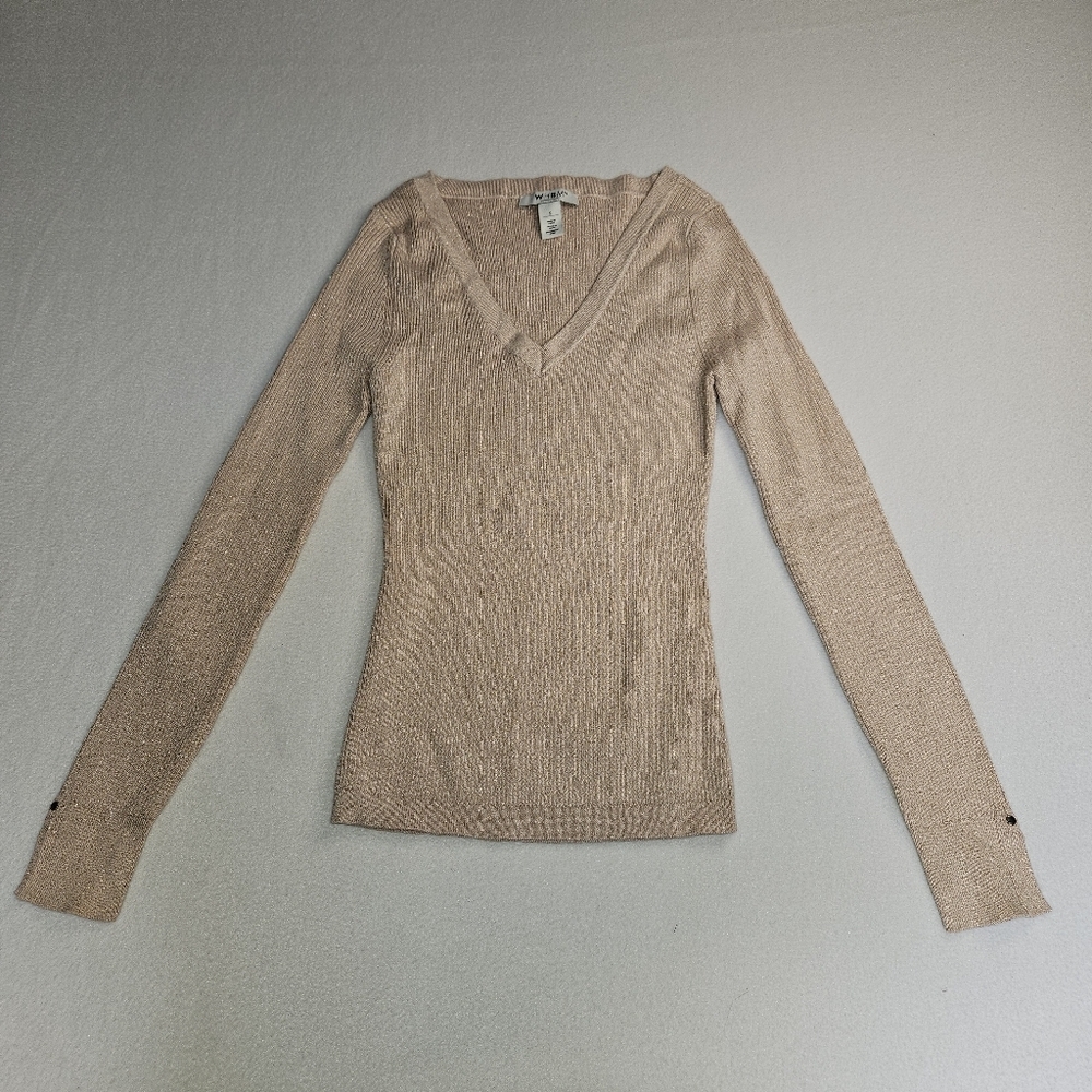 White House Black Market Women's Tan Shimmer V-Neck Top Size S